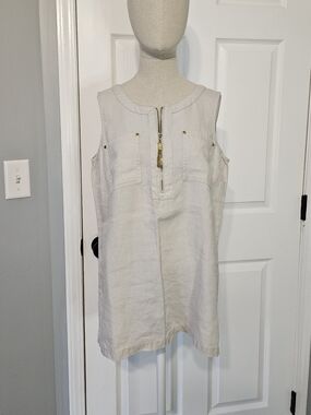 Ellen Tracy Cream Sleeveless Linen Tunic with Gold Zip